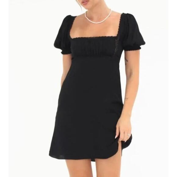 Rumored Milkmaid Mini Dress Black Large NWT Puff Sleeve Silky Lace Trim - Picture 1 of 13